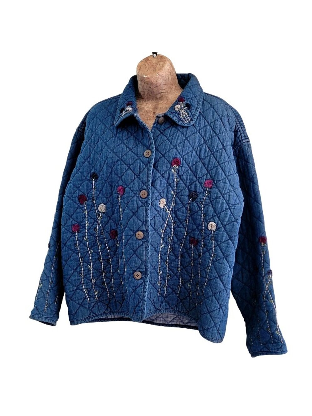 Vtg cottagecore Quilted with Floral Embroidery Button front chambray jacket